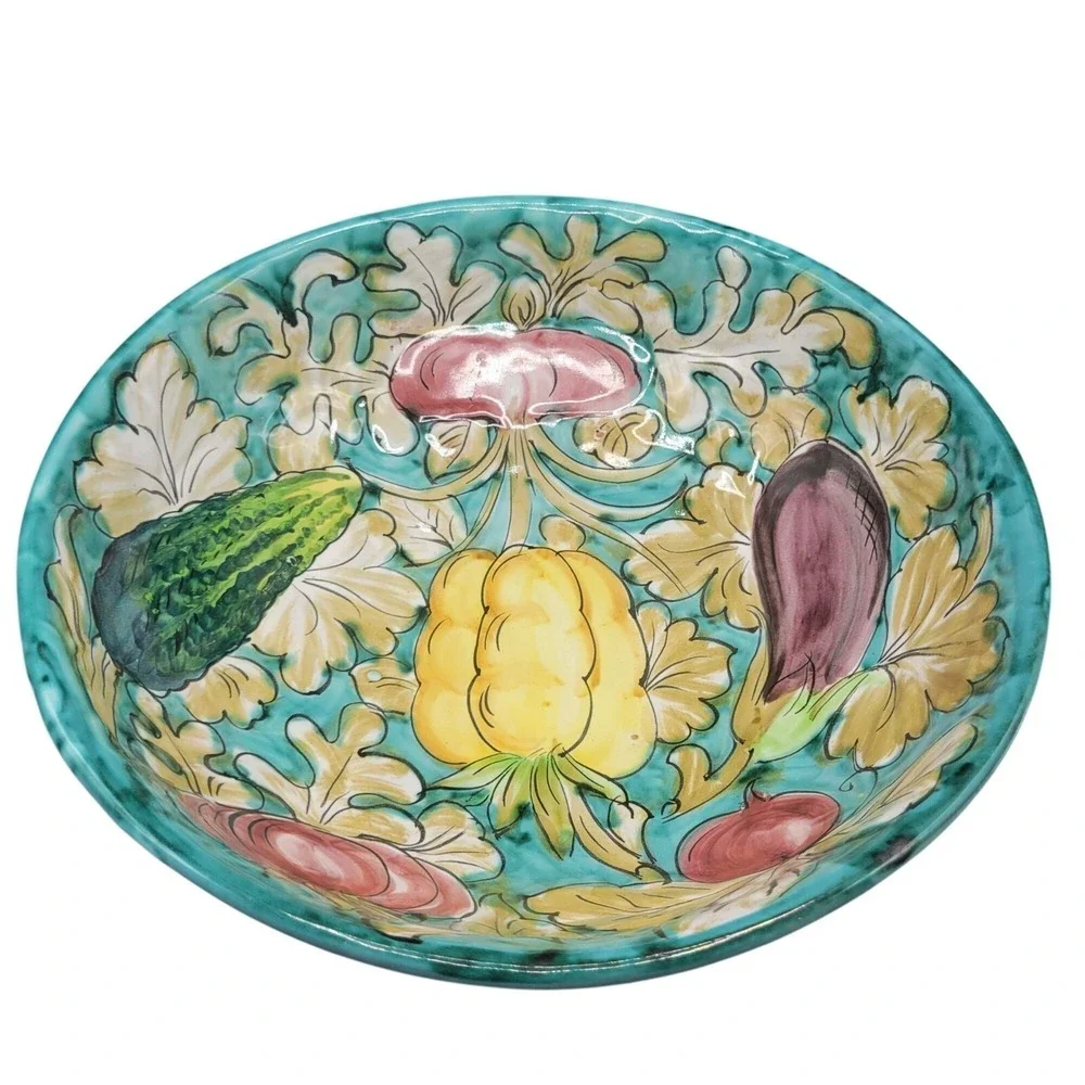 Italian Ceramic Serving Bowl Centerpiece Decorated Vegetable Art Pottery 11.75